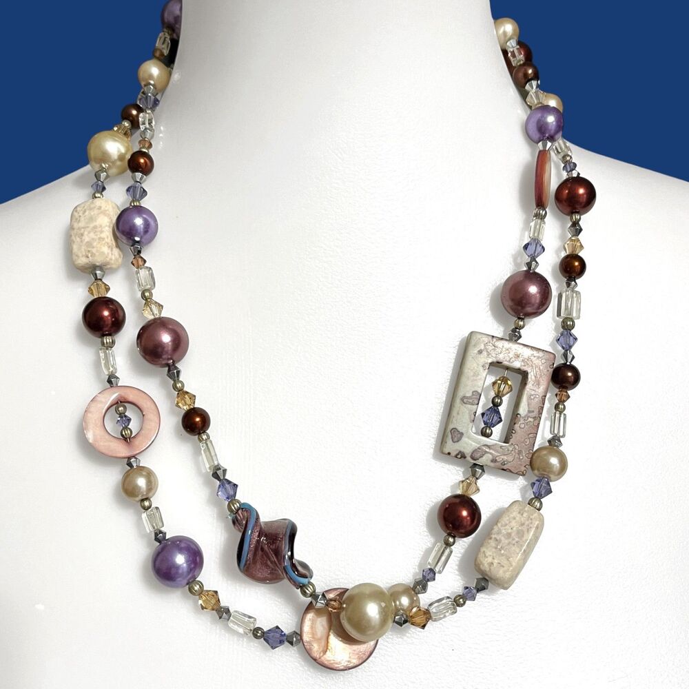 VTG Chunky Stone Glass Stone Shell Necklace 2 Strand Brown Purple Handcrafted